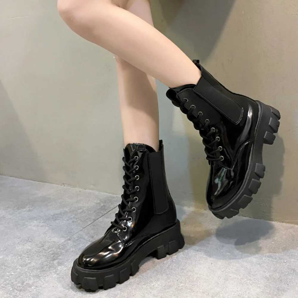 Pop Black Platform Combat Ankle Boots For Women Lace Up Strap Woman Thicken Winter Motorcycle boots W251024