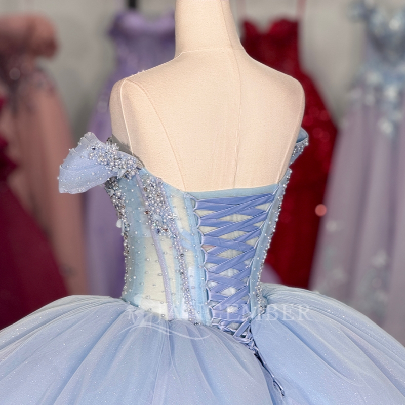 Sky Blue Quinceanera Dresses Ball Gown Off The Shoulder Applique Flower Beading Crystal Corset Tull Party Birthday Sweet 16 Dress Vestidos 15 De Anos