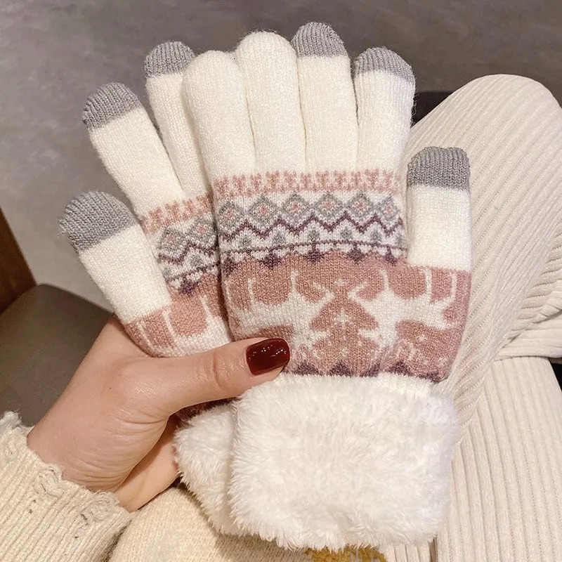 Christmas Reindeer Knitted Gloves Plush Cuff Thick Warm Glove Autumn Winter Soft Coldproof Full Finger Touchscreen Gloves 251021
