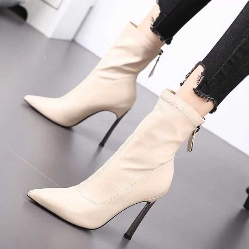 Leather White Pointed Toe Half High Boots for Women Very Heel Mid Calf Shoes Woman New Rock Gothic Sale Large Size Warm Y2k In W251024