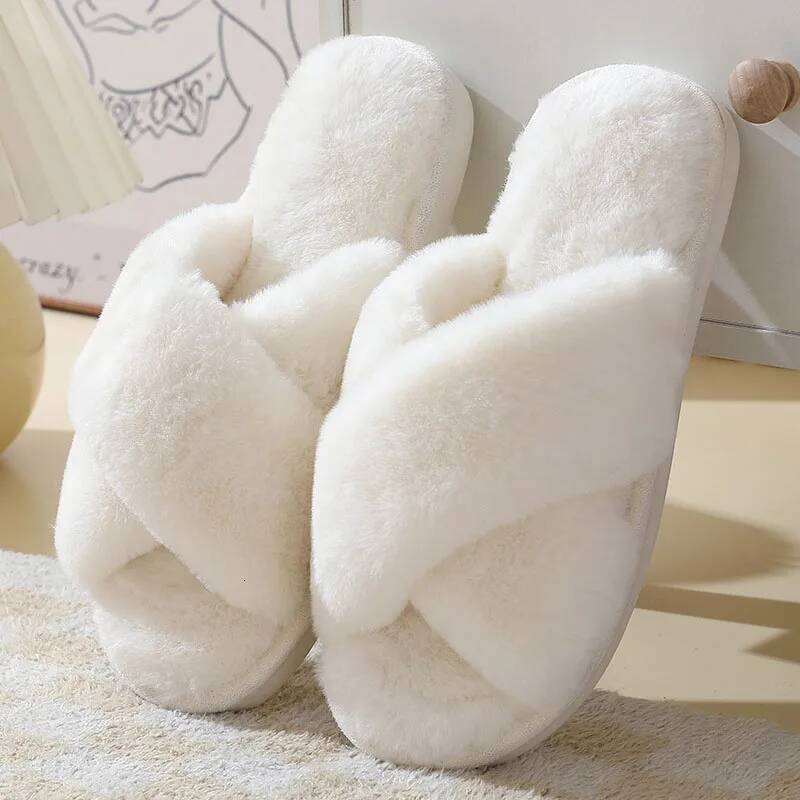 Winter Home for Women Fashion Cross Strap Thicked Plush Slides Woman Light Soft Sole Faux Fur Warm House Slippers ddmythur