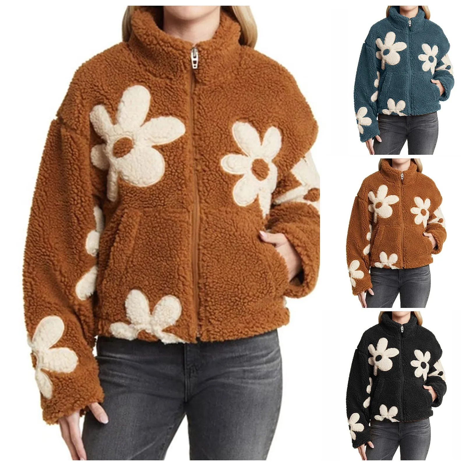 Womens Casual Floral Fleece Jackets Winter Zipper Cropped Plush Coat Female Long Sleeve Lamb Wool Outwears With Pocket Chaquetas 251021