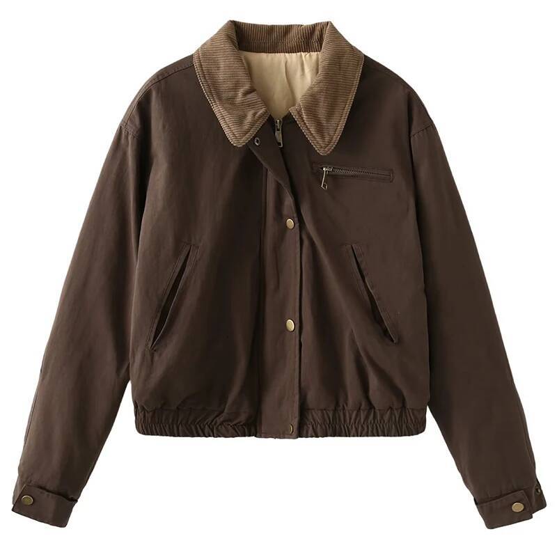Vintage Cotton-padded Jacket Solid Simple Style Winter Warm Coat Retro Long Sleeves Lady Streetwear High Street Zipper Cool Tops dongdumaoyi