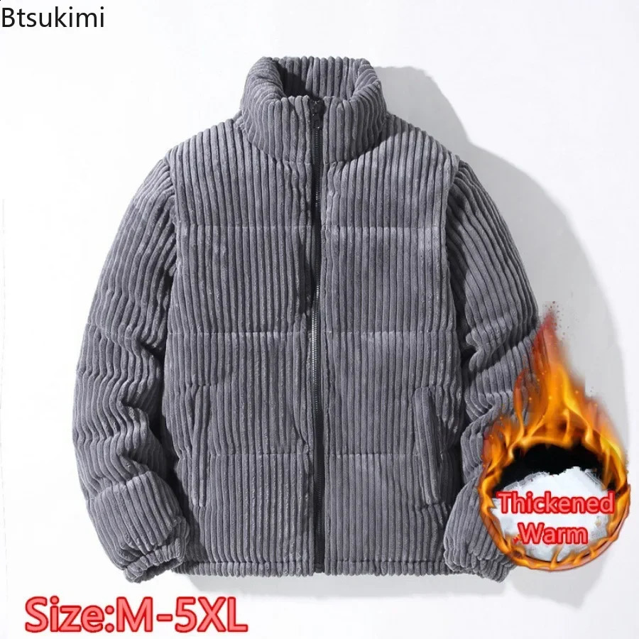 Mens Corduroy Parkas Thicken Warm Cottonpadded Jackets Fashion Stand Collar Solid Zipper Casual Coats Man Winter Outerwear 251020