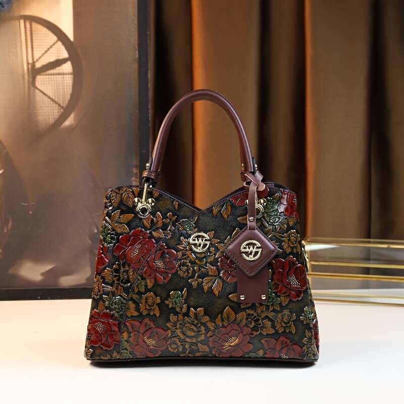 Floral Handbag For Wo, Autumn Winter New Arrival, Hand-Painted Tote With Zipper Closure, Elegant Mom Purse