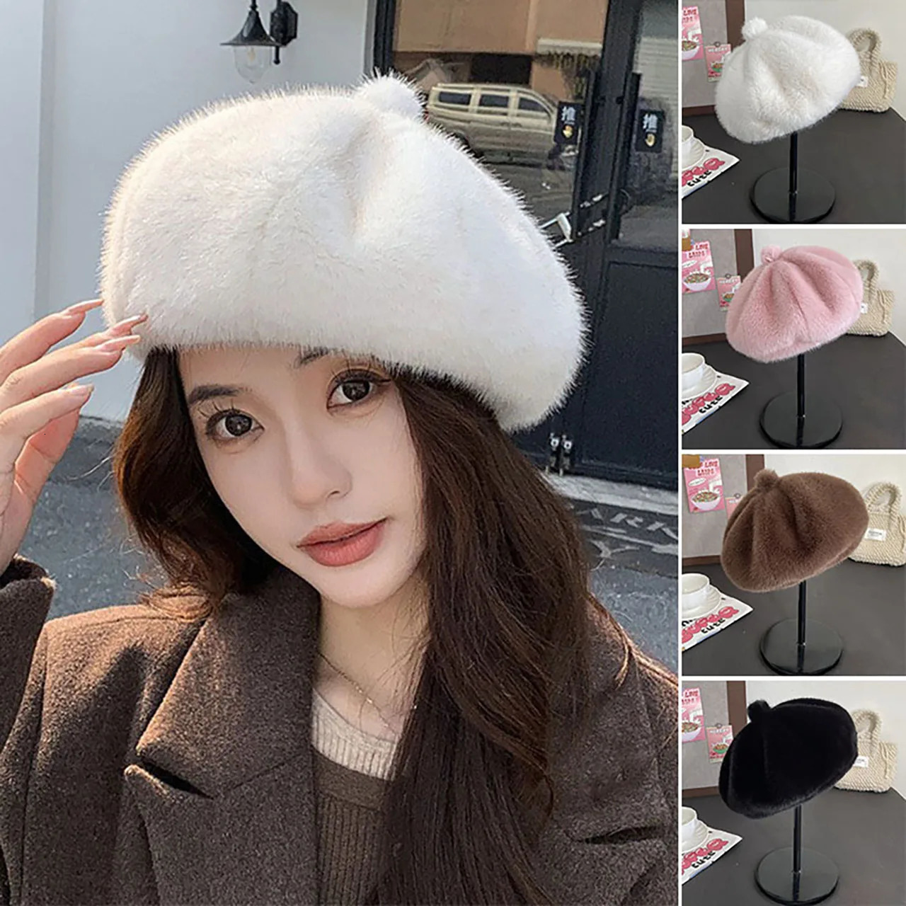 Winter Plush Beret Hat for Women Solid Color Fluffy Fur sboy Cap Female Lady French Style Octagonal Caps 251023