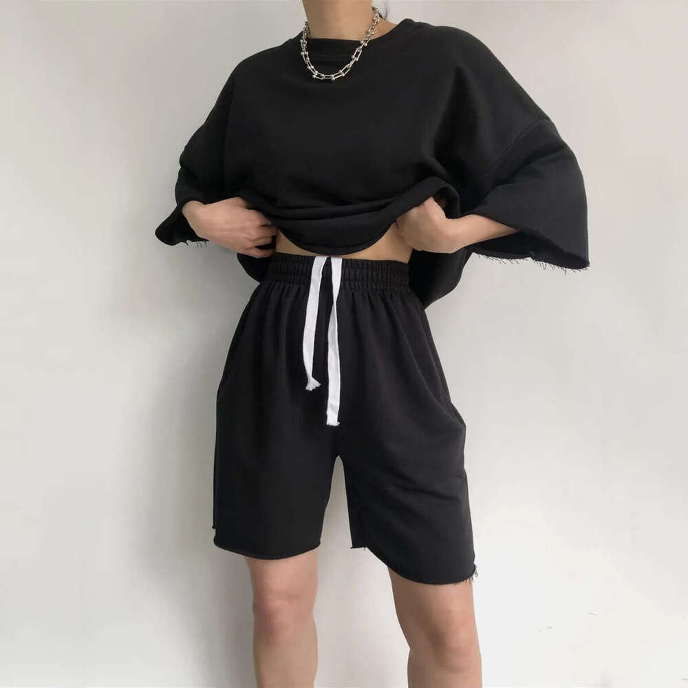 Street Style New Casual for Women: Half Round Neck Loose Short Sleeve Tie Shorts Two-Piece Set