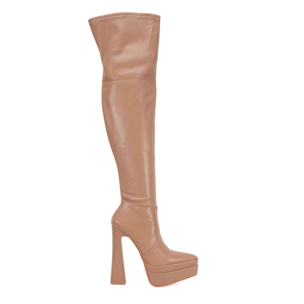 Women's Platform Knee Boots High Chunky Heel With Point Toe Side Zipper Stretch Boot