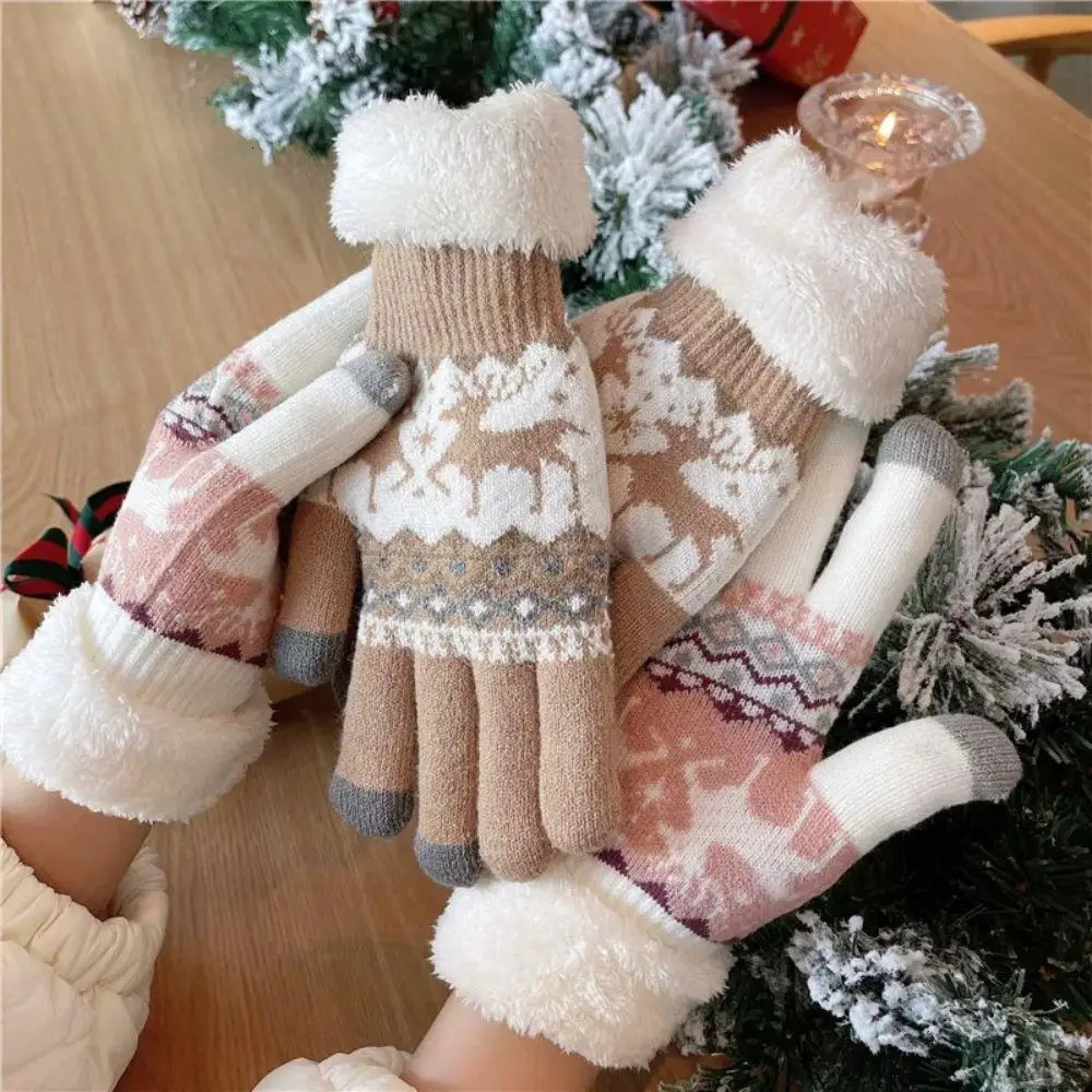 Christmas Women Warm Plush Gloves Reindeer Jacquard Touch Screen Knit Gloves Plush Cuff Warm Riding Skiing Outdoor Gloves 251023