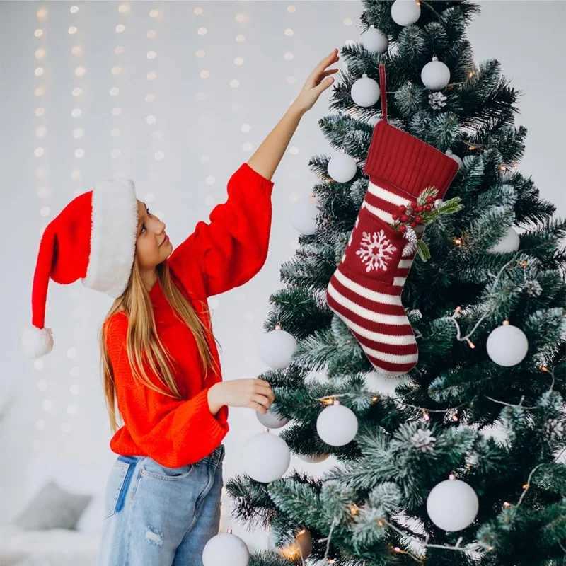 Christmas Stocking Fireplace Hanging Sock Knitted Long Socks Striped Christmas Gift Storage Bag Home Decor Party Present J251024