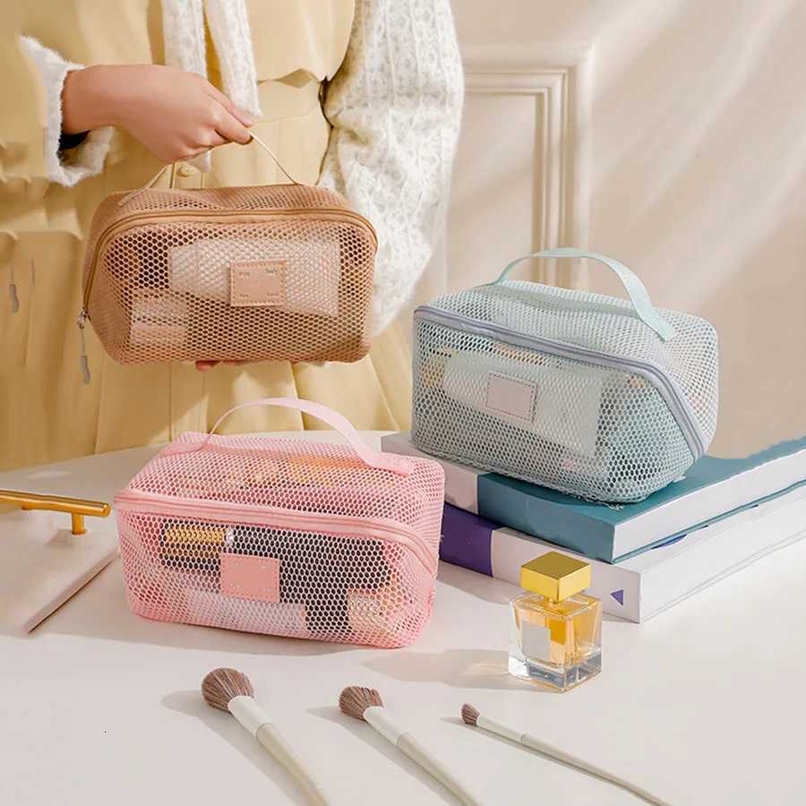 Large Capacity Mesh Handheld Makeup Bag Zipper Multilayer Transparent Mesh Cosmetic Bag Organizer Case SquareT251024