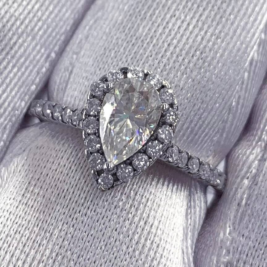 Wholesale Stock Sterling Silver 925 Fine Jewelry Engagement Ring IGI Certificate VVS Pear Cut Pave Setting Moissanite Ring