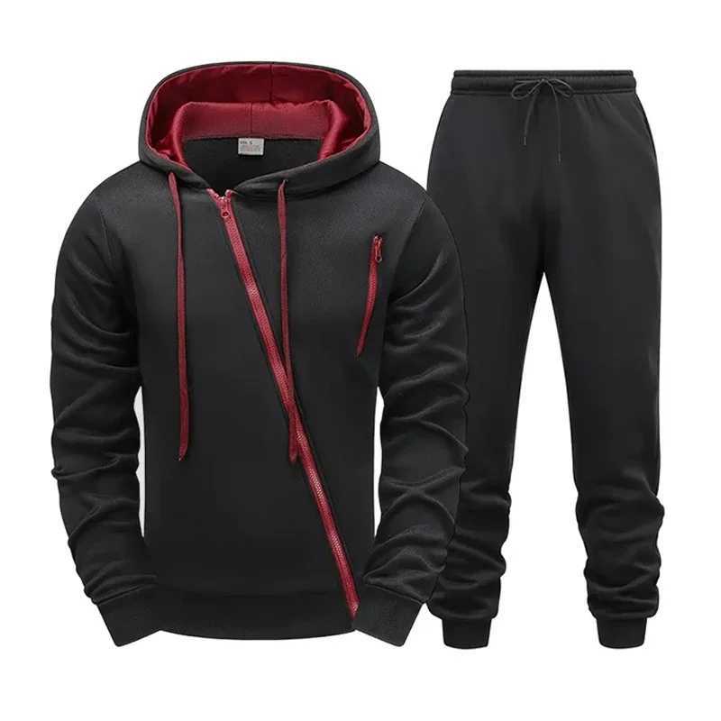 Mens Tracksuit Creative Diagonal Zipper Design Hoodie Sweatpants 2025 Autumn Winter Casual Sporty Motorcycle Hooded Coat OutfitT251024