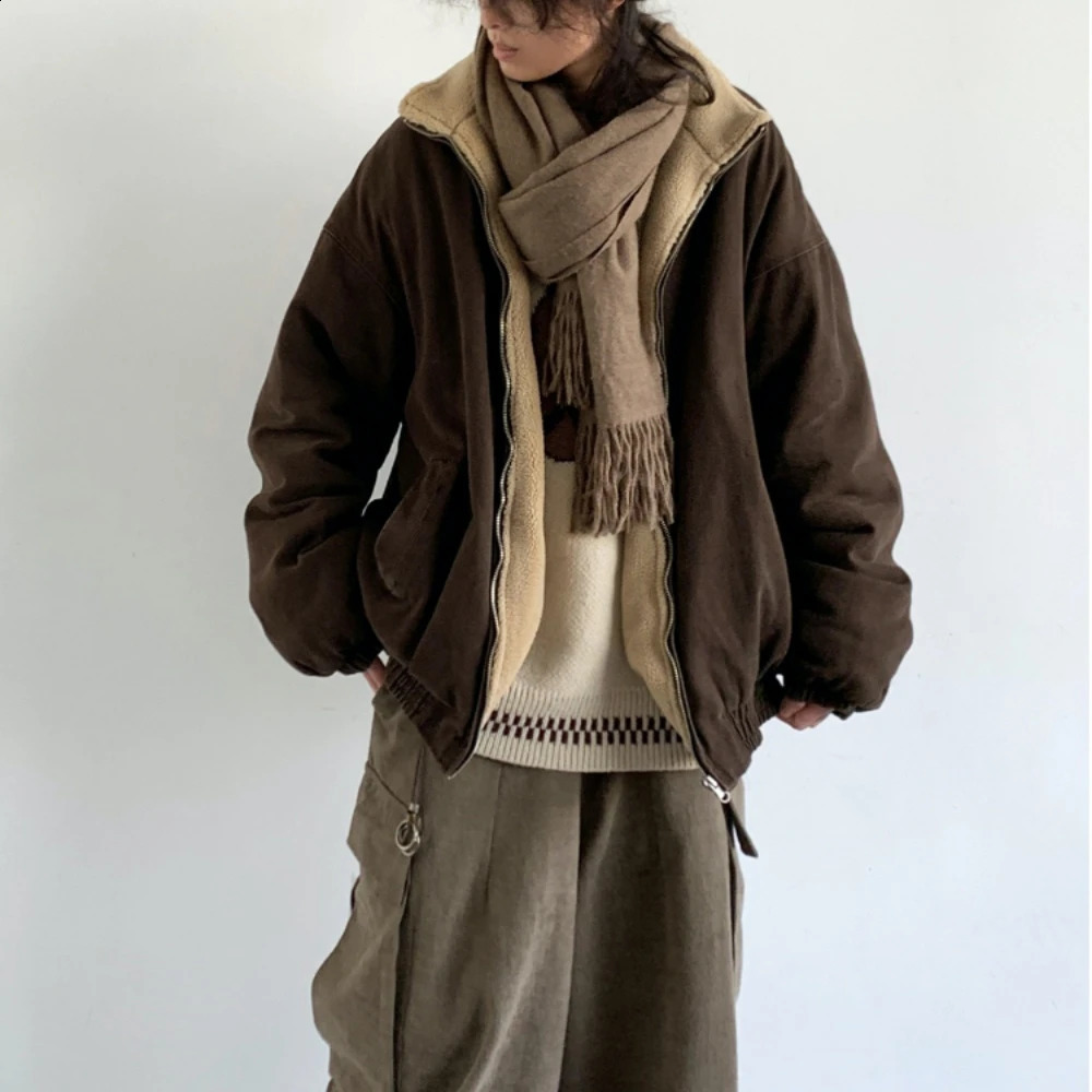 Autumn Winter American Lamb Wool Jacket Men Women Japanese Fashion Vintage Stand Collar Thick Coat Couple Trendy Jacket Unisex 251023