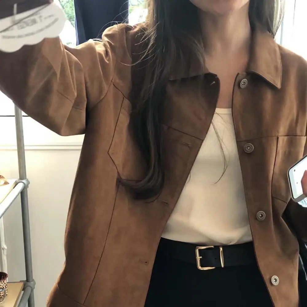 American Retro Suede Jacket Women Spring Autumn Style HighEnd Short Chic Versatile Polyester Long Sleeve Elegant Commute 251018