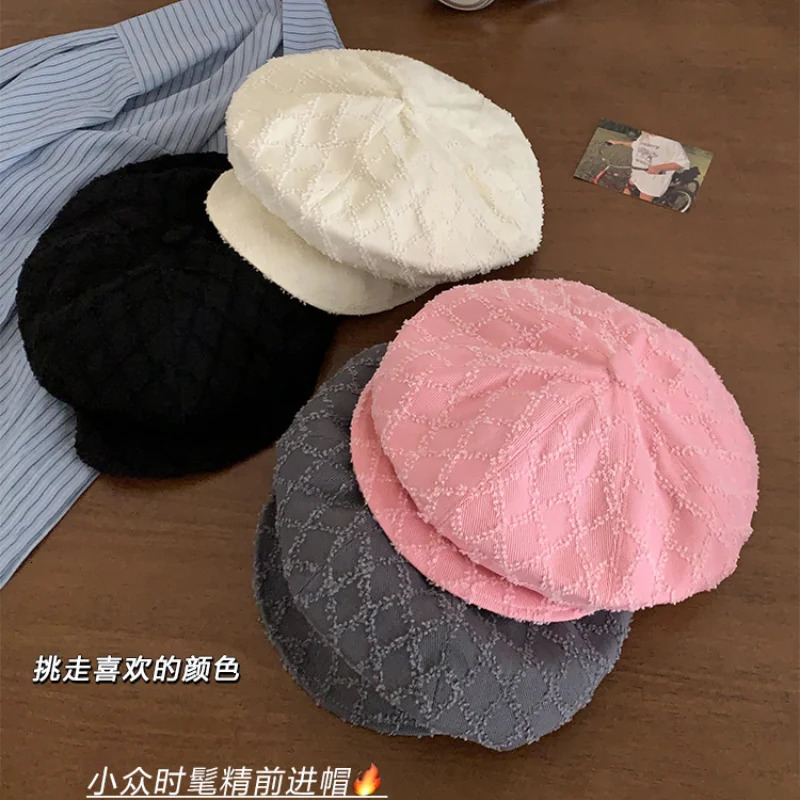 Korean Niche Solid Color Berets Caps for Women Summer and Autumn Rough Edge Plaid Versatile Retro Octagonal Hats 251023