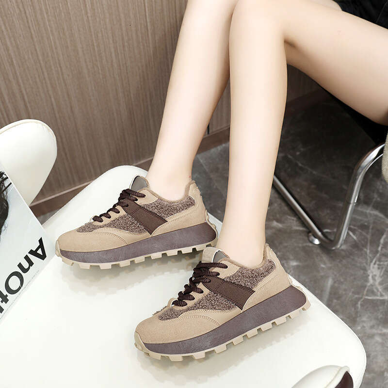 New Women's Winter Lamb Wool Thick Sole Height Increasing Warm Cotton Shoes Color Block Casual designer sneakers