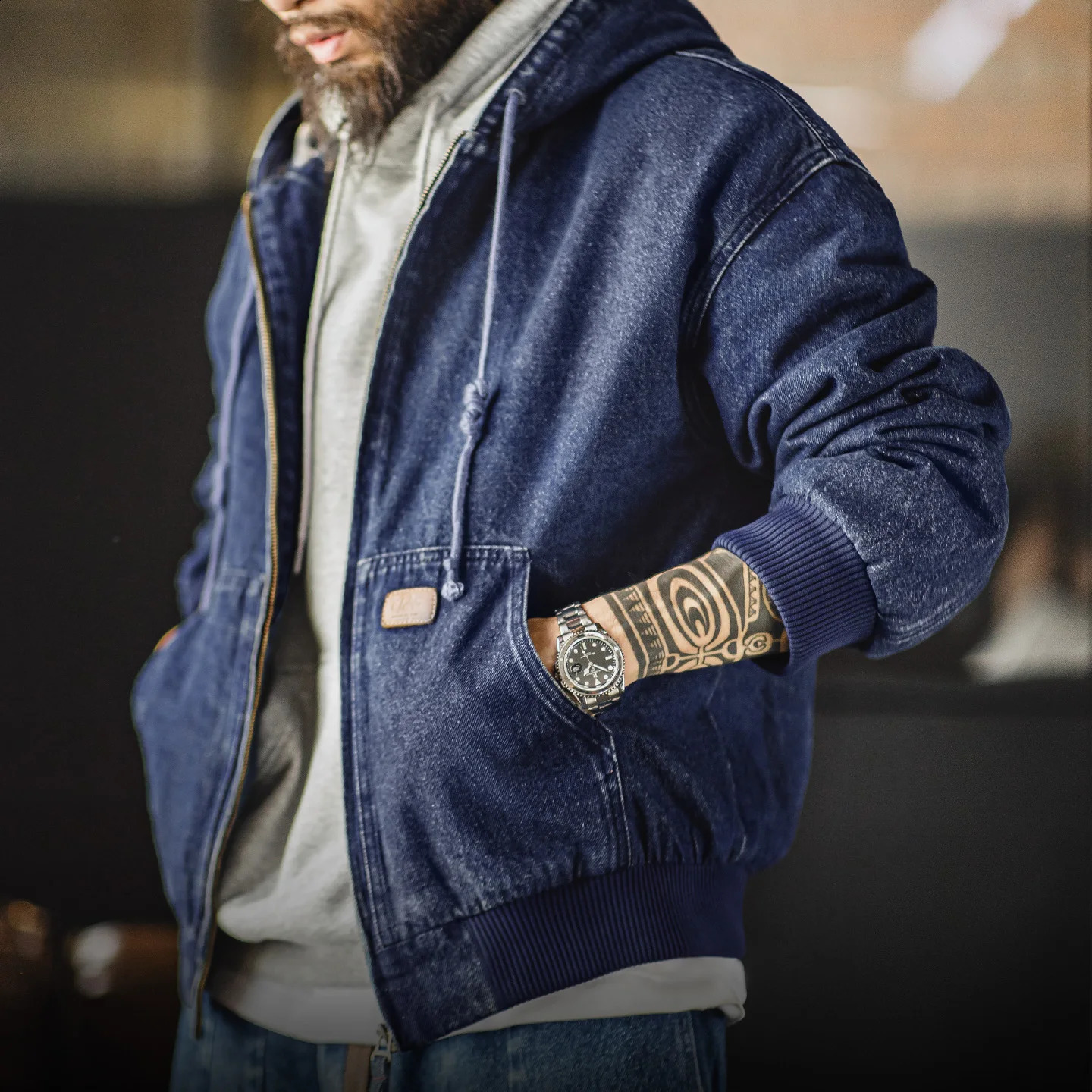 Maden Mens Retro J130 105oz Denim Jacket Heavyweight Washed Hooded Regular Fit Zip Workwear Coat with Pockets for Fall 251017