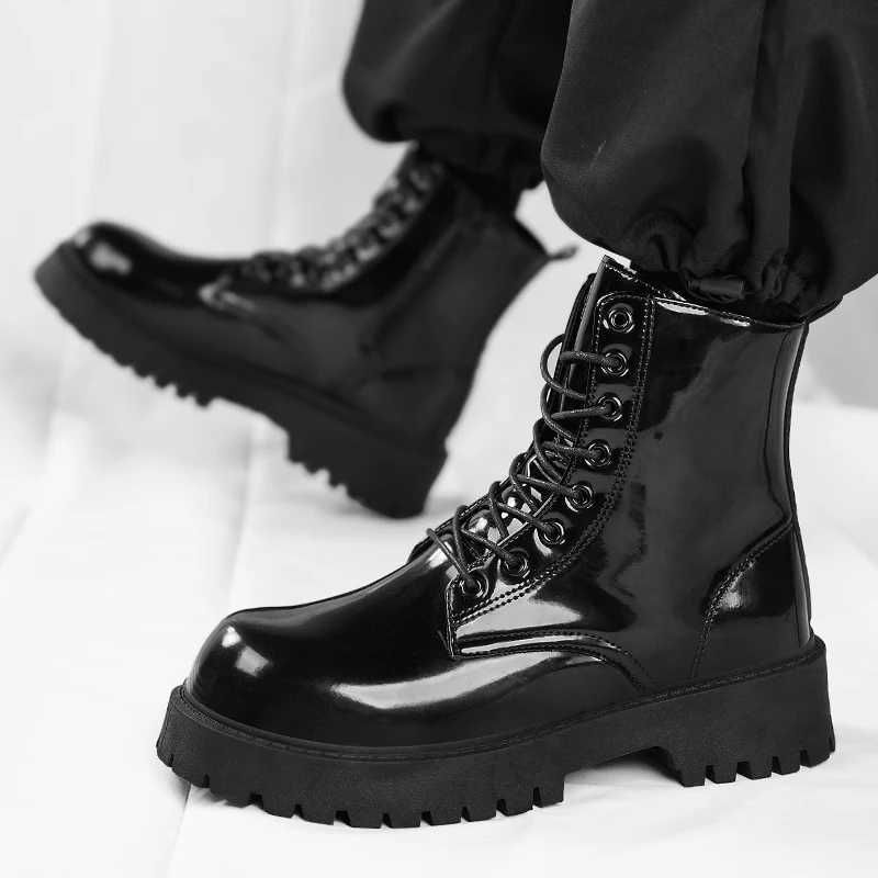 Men Shoes Couple Leather Boots Men Women Unisex Outdoor Casual Shoes Leather Motorcycle Boots High Top Glossy Mens Ankle Boots W251024
