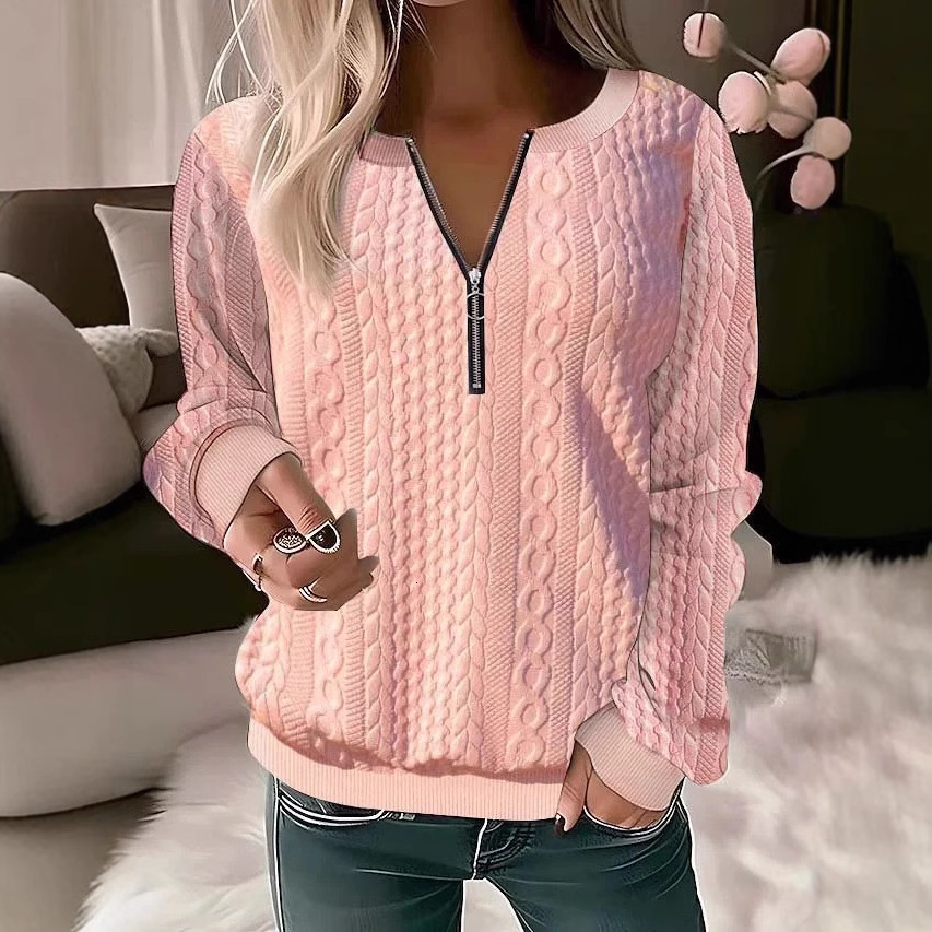 2025 Autumn Winter New Women's Long Sleeve Solid Color V-neck Zipper T-shirt Top