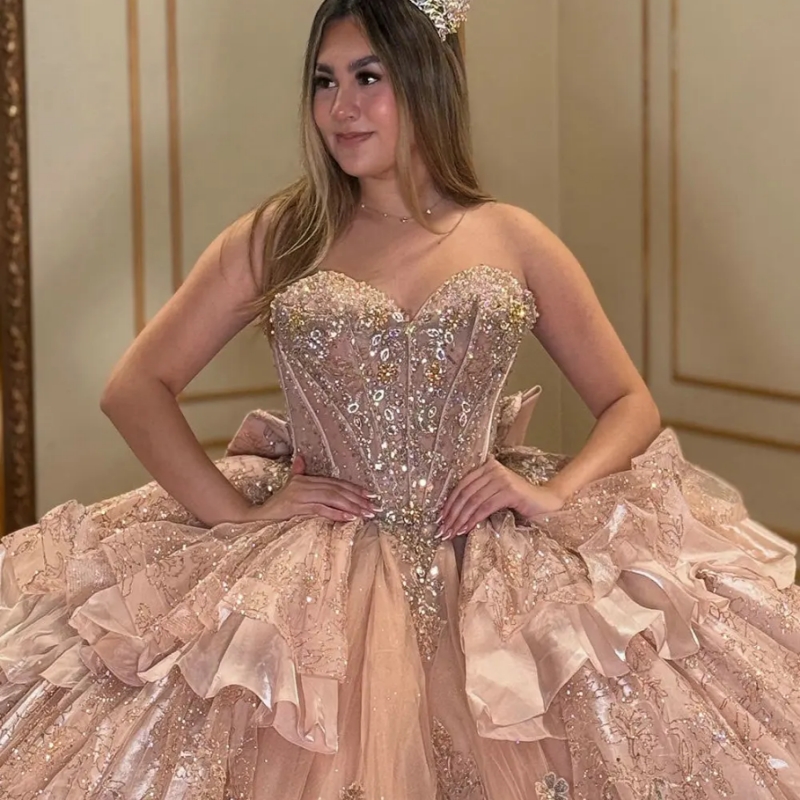 Rose Gold Crystal Sequined Ruffles Quinceanera Dresses Ball Gown 3D Flowers Appliques Lace Bow Sweet 15 Anos Mexican