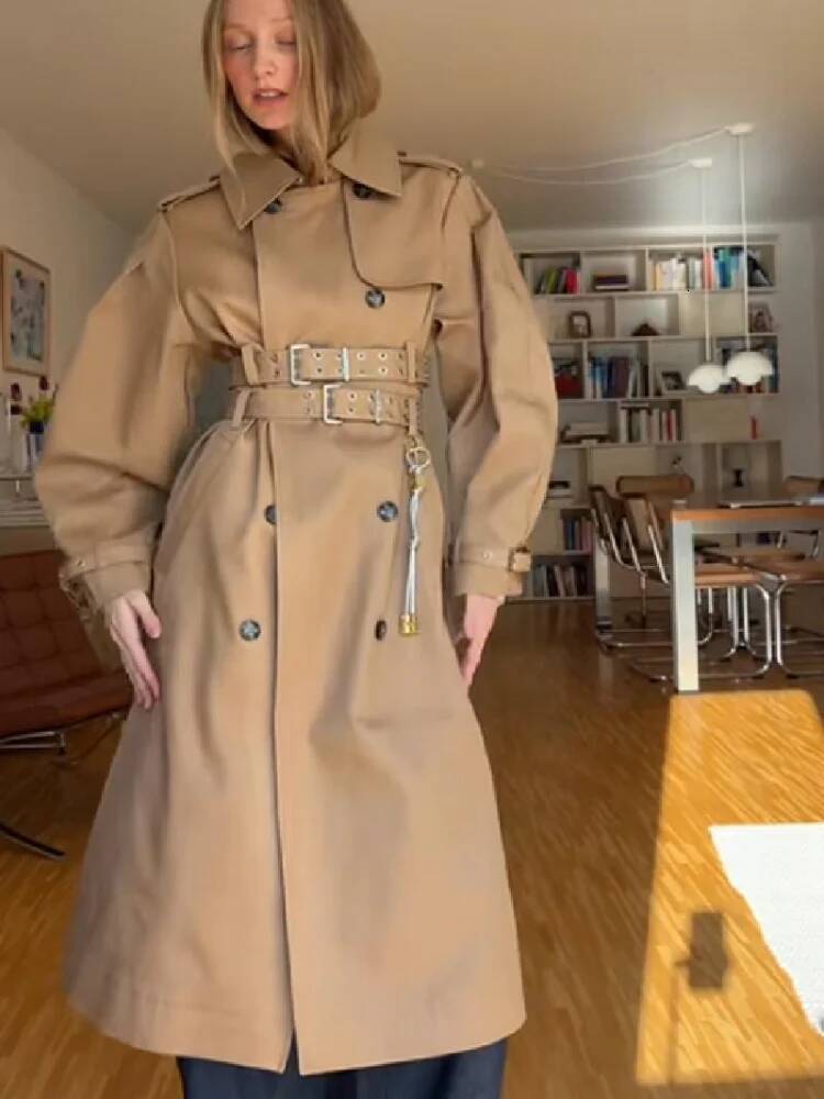 Vintage Long Sleeve Trench Coat Women Fashion Turn-down Collar Solid Double Breasted Jacket With Belt 2025 Autumn Windbreaker dongdumaoyi