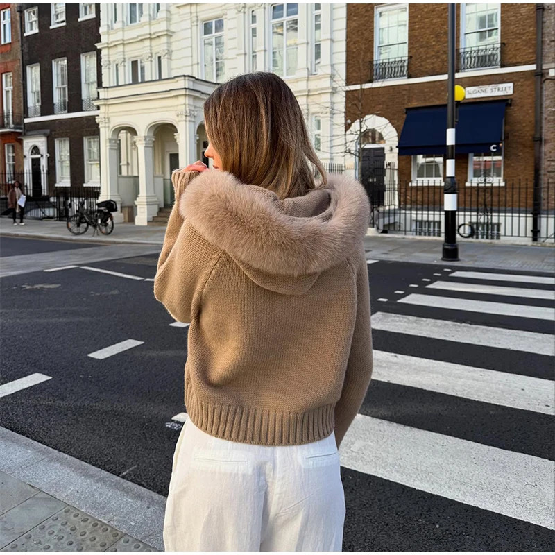 2025 Autumn Casual Fur Collar Sweater Coat Womens Solid Loose Long Sleeve Zippers Pullover Ladies Fashion Office Tops 251013