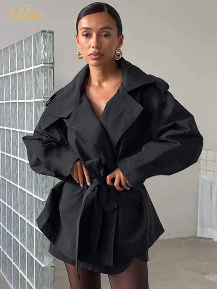 Solid Lapel Crop Windbreaker Women Fashion Long Sleeve Belt Waist Cinching Pockets Trench Coat Autumn Lady Street Outerwear 251021
