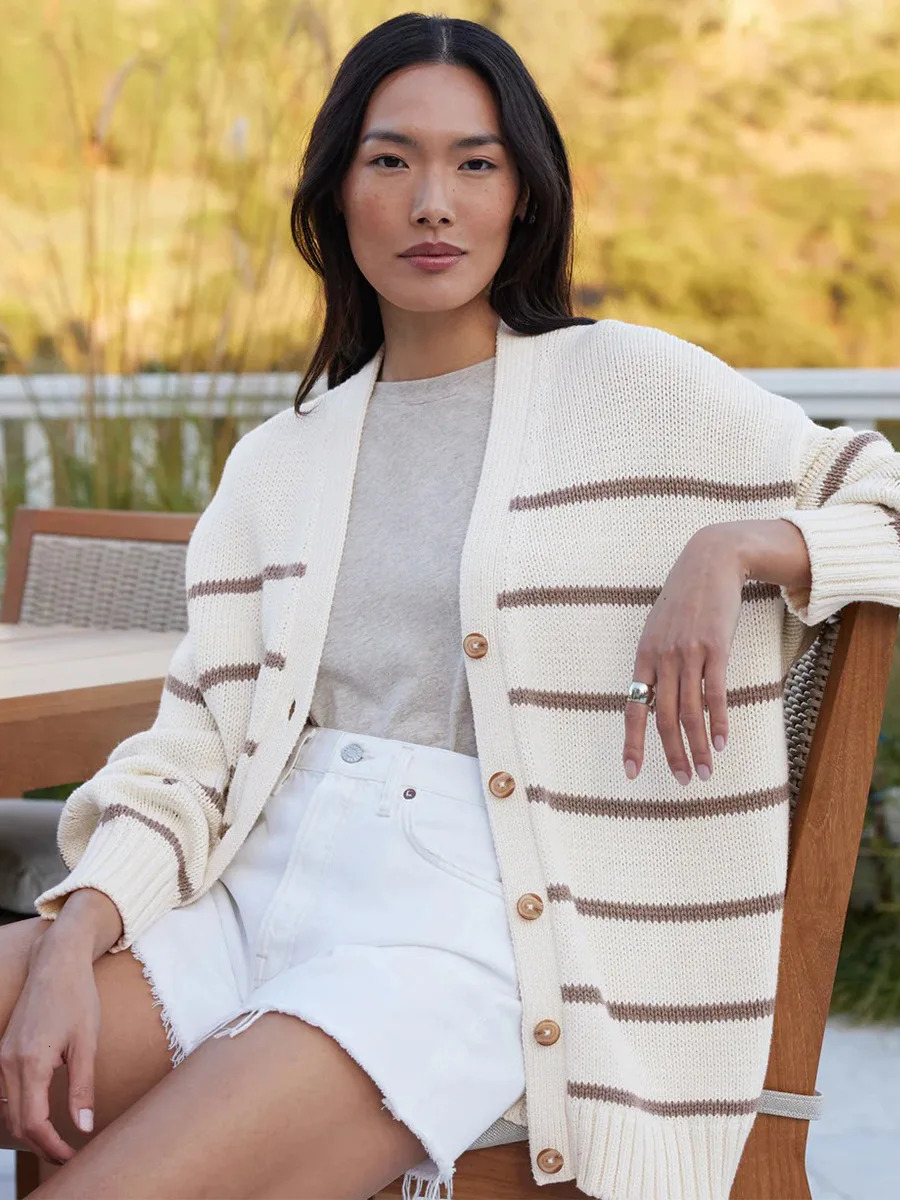 Bornladies Autumn Winter Womens Striped Knit Cardigan V Neck Cotton Thickened Warm Loose Fit Female Sweater Top 251013