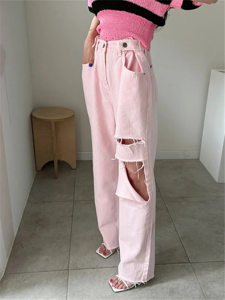 REALEFT 2025 Hole Pink Womens Denim Wide Leg Pants High Waist Spring Summer Casual White Jeans Straight Trourses Female 251023
