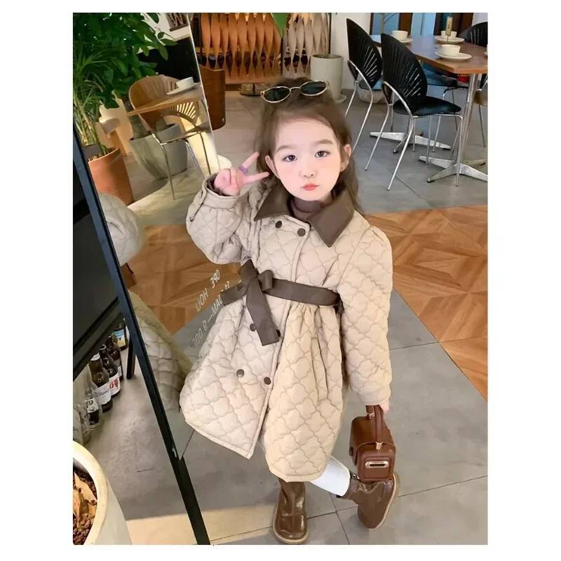 Children's Coats Girls' Cotton-padded PU Leather Clip Cotton Padded Medium Long Winter Coat Clothes for Girls ddmyshoesvip