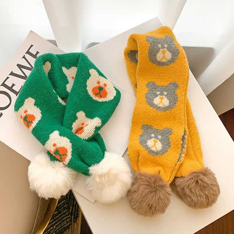 Cute Bear Baby Knitted Scarf Plush Ball Kids Cross Scarves Thicken Woolen Children Neckerchief 26Year Boys Girls Neck Collar Y251024