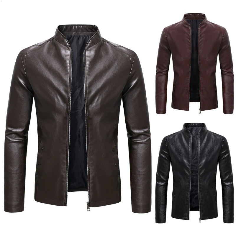 2024 Spring Mens Business Casual Slim Longsleeved Pu Leather Jacket Side Seam Pocket Zipper Solid Color 251015