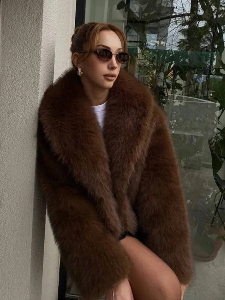 Women's Retro Warm Faux Fur Jacket Thicken Lapel Long Sleeve Hidden Button Casual Loose Soft Crop Outwear Winter Chic Coat dongdumaoyi