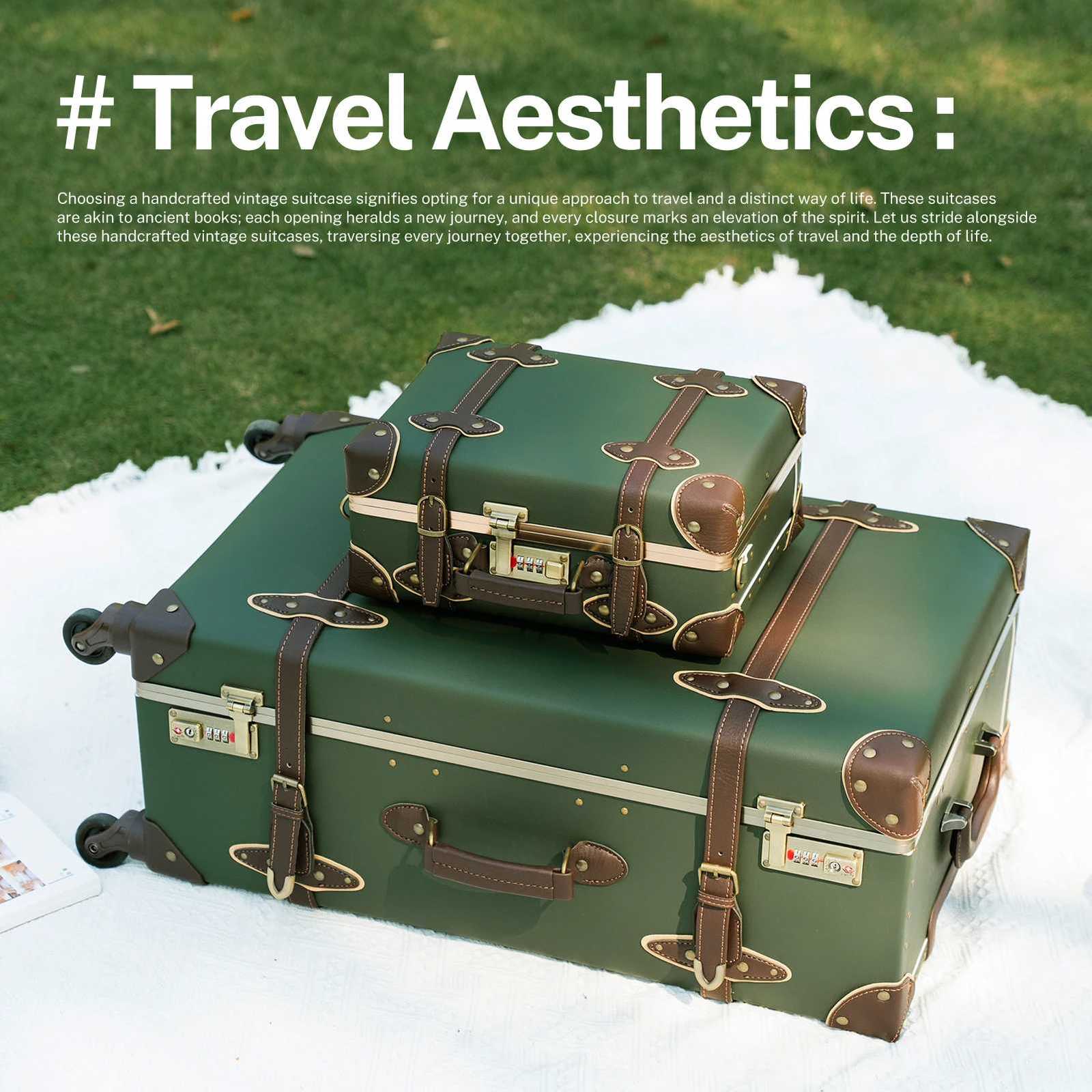 urecity Vintage Luggage Set 3 Piece Retro trolley luggage bagTravel Luggage with Spinner Wheels and Beauty Case Army GreenW251024