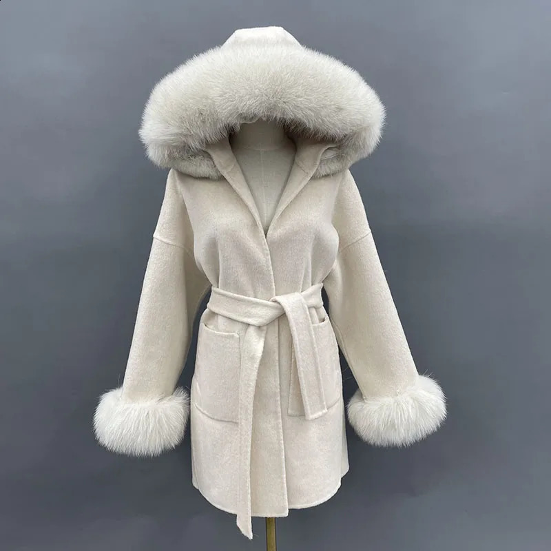 MISSJANEFUR Wool Coat with Fox Fur Collar Cuff Women Fashion Belted Cashmere Coats Warm Winter Hooded Trench Peacoat 251020