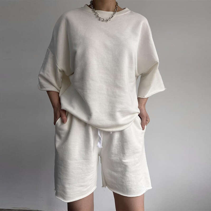 Street Style New Casual for Women: Half Round Neck Loose Short Sleeve Tie Shorts Two-Piece Set