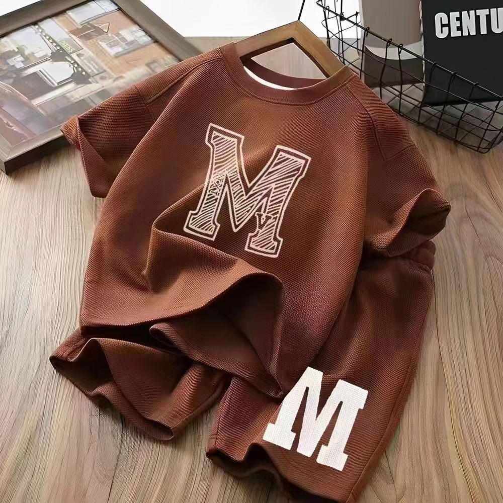Free Shipping Boys Short Sleeve Set 2025, Loose Fit Comfortable and Breathable Summer Outfit, Fashion Printed Casual Two-Piece