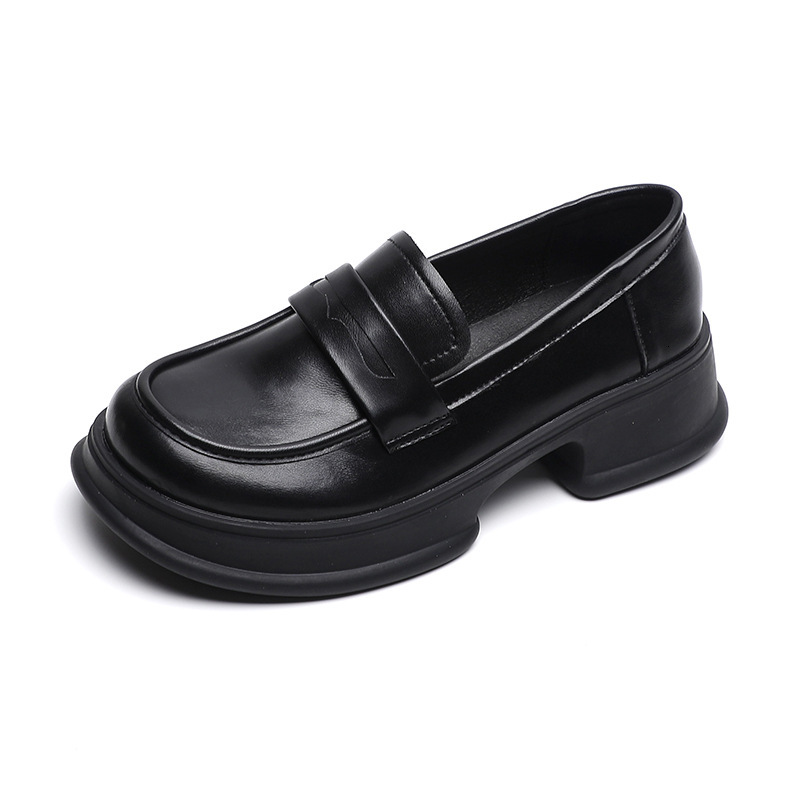 Weiwei Girl 158-1 Black Loafers for Women Soft Autumn Round Toe Thick Sole British Style Small Leather Plus Size Women's Shoes ddmythur