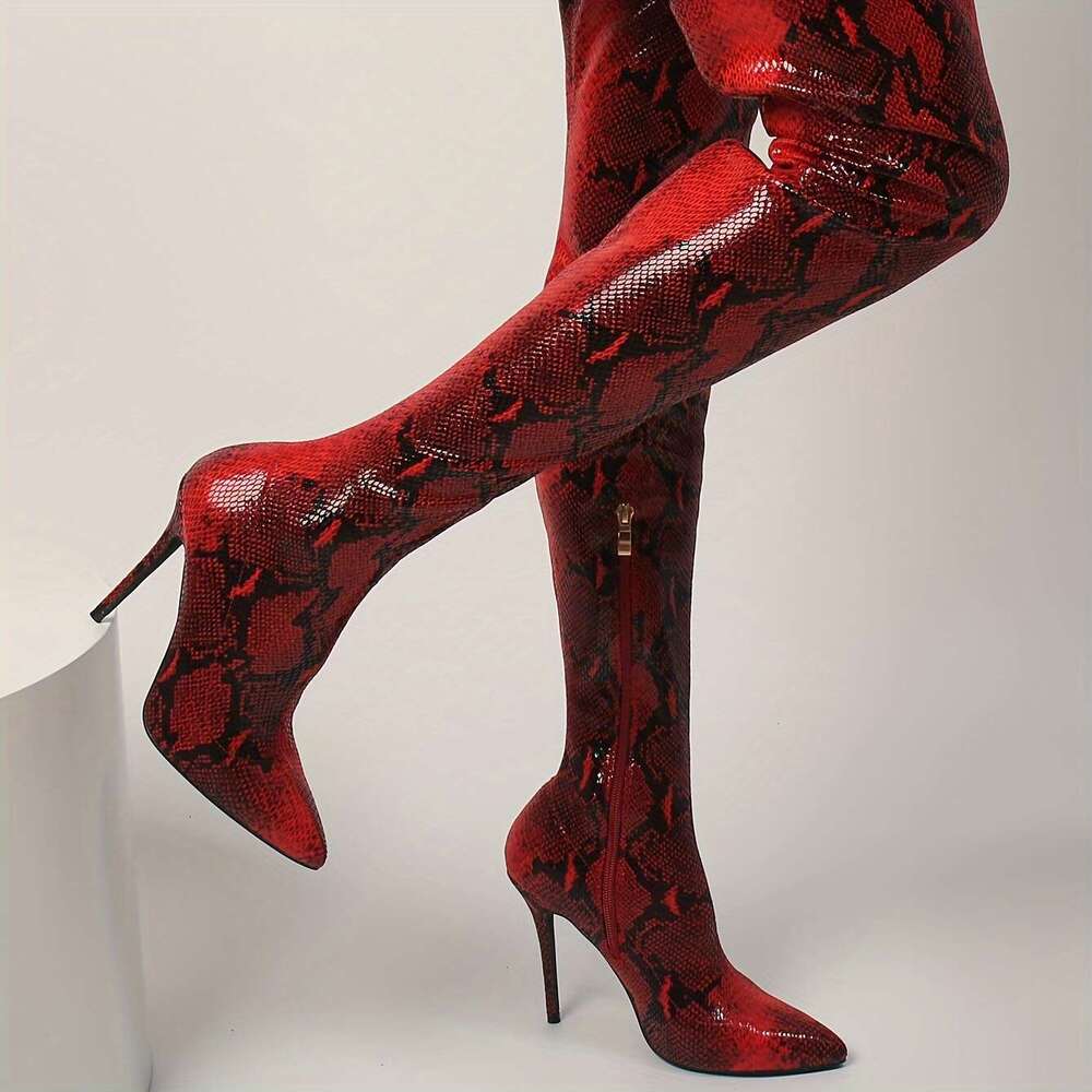 Mei Oi Women's Snake-Print Pointed Toe Stiletto Over-The-Knee Boots - Ultra-High Platform Heel, Stretch Synthetic Cover With Zipper Closure, All-