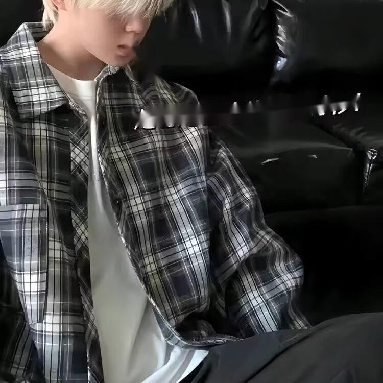 Pocket Trendy Turn-down Collar American Style Navy Blue Plaid Shirt for Men, Autumn Youthful Vintage Lazy Style Sun Protection Jacket