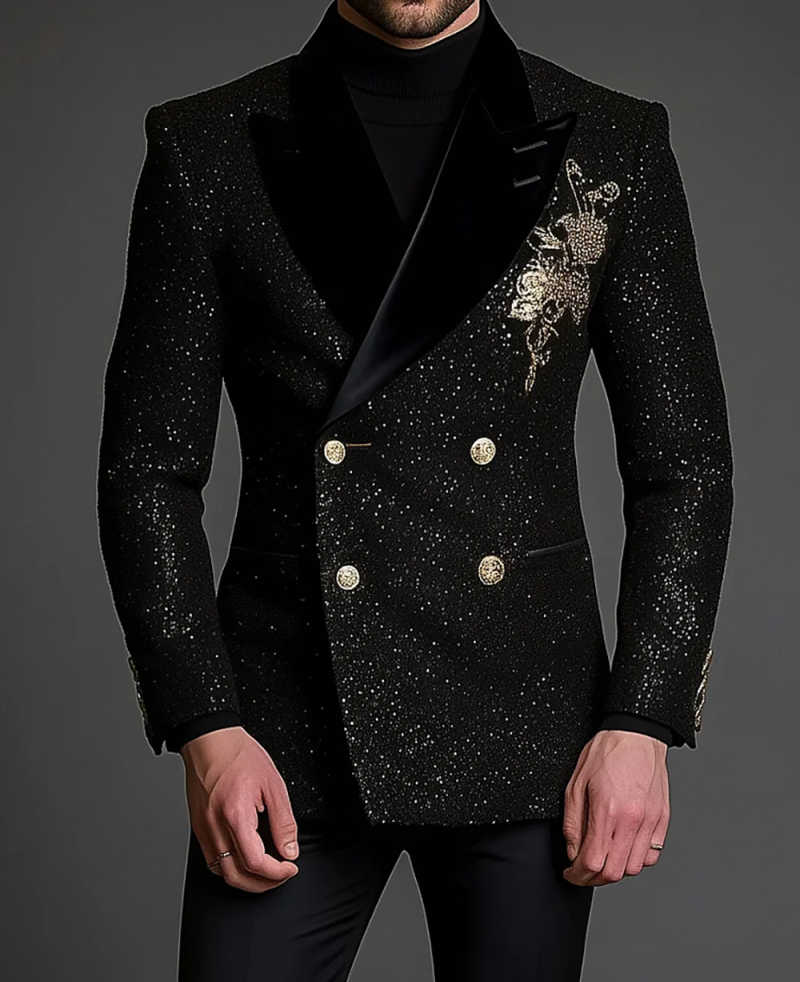 Shiny Men Suits Slim Fit 2 Pieces Blazer Pants Double Breasted Rhinestones Prom Party Wedding Groom Tuxedos Male Blazers Ropa Hombre