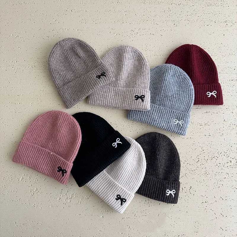Embroidery Bow Children Beanies Fashion Girl Knitted Hat Solid Color Woolen Crochet Bonnet Winter Warm Baby Pullover Cap 26YearL251024