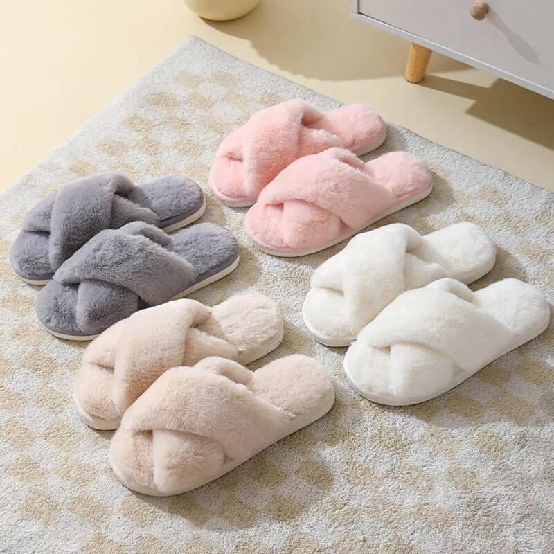 Winter Home for Women Fashion Cross Strap Thicked Plush Slides Woman Light Soft Sole Faux Fur Warm House Slippers ddmythur