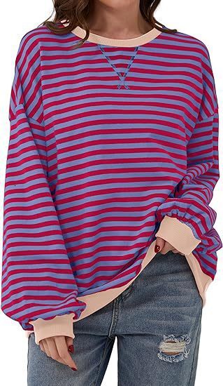 2025 Autumn Winter New Season Simple Home Casual Loose Striped Pattern Round Neck Long Sleeve Pullover Color Block T-Shirt