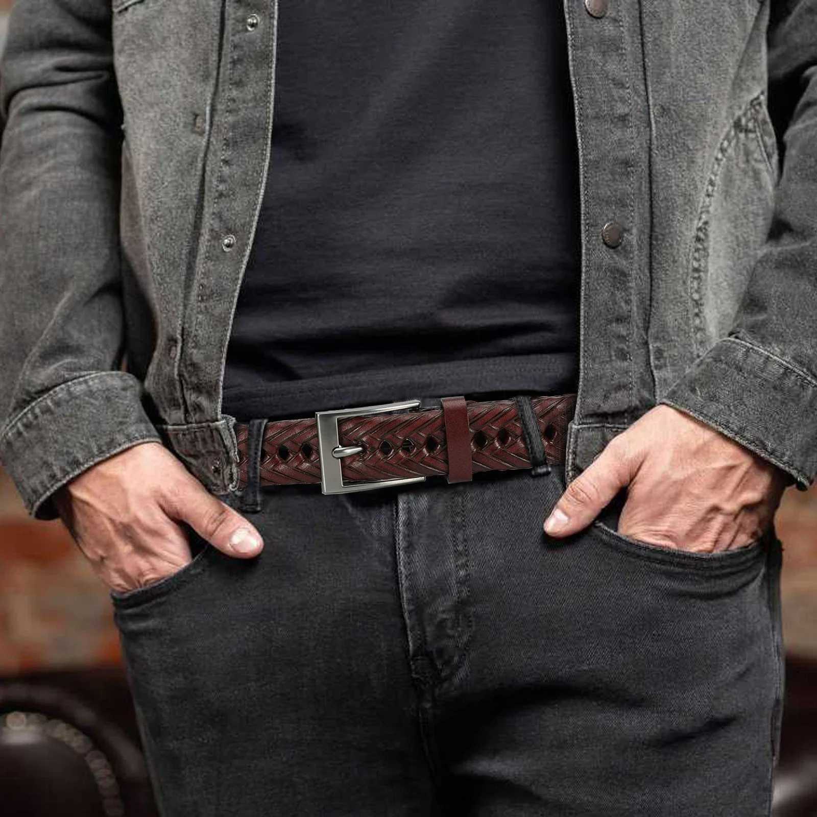 Men Belts Genuine Leather LONG Large Pin Buckle Metal Automatic Buckle High Quality Braided Vintage Casual for Jeans Women Strap W251024
