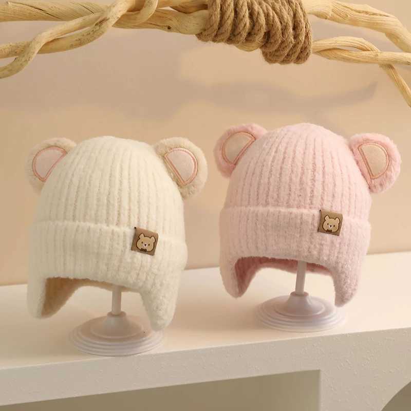 Cute Bear Baby Earmuffs Cap Winter Warm Kids Plush Pullover Hat 636Month Toddler Beanies Thicken Velvet Children Crochet BonnetL251024