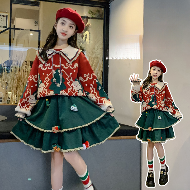 Girl Fashion Design Autumn/Winter Red Christmas Sweater Set New Fashionable Big Kids Winter Cake Skirt Two Piece Set