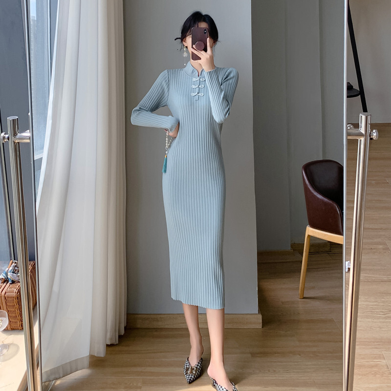 Autumn and Winter New Women's Designer Knitted Sweater Dress Medium Retro Cheongsam Style Button Closed Slimming Dress