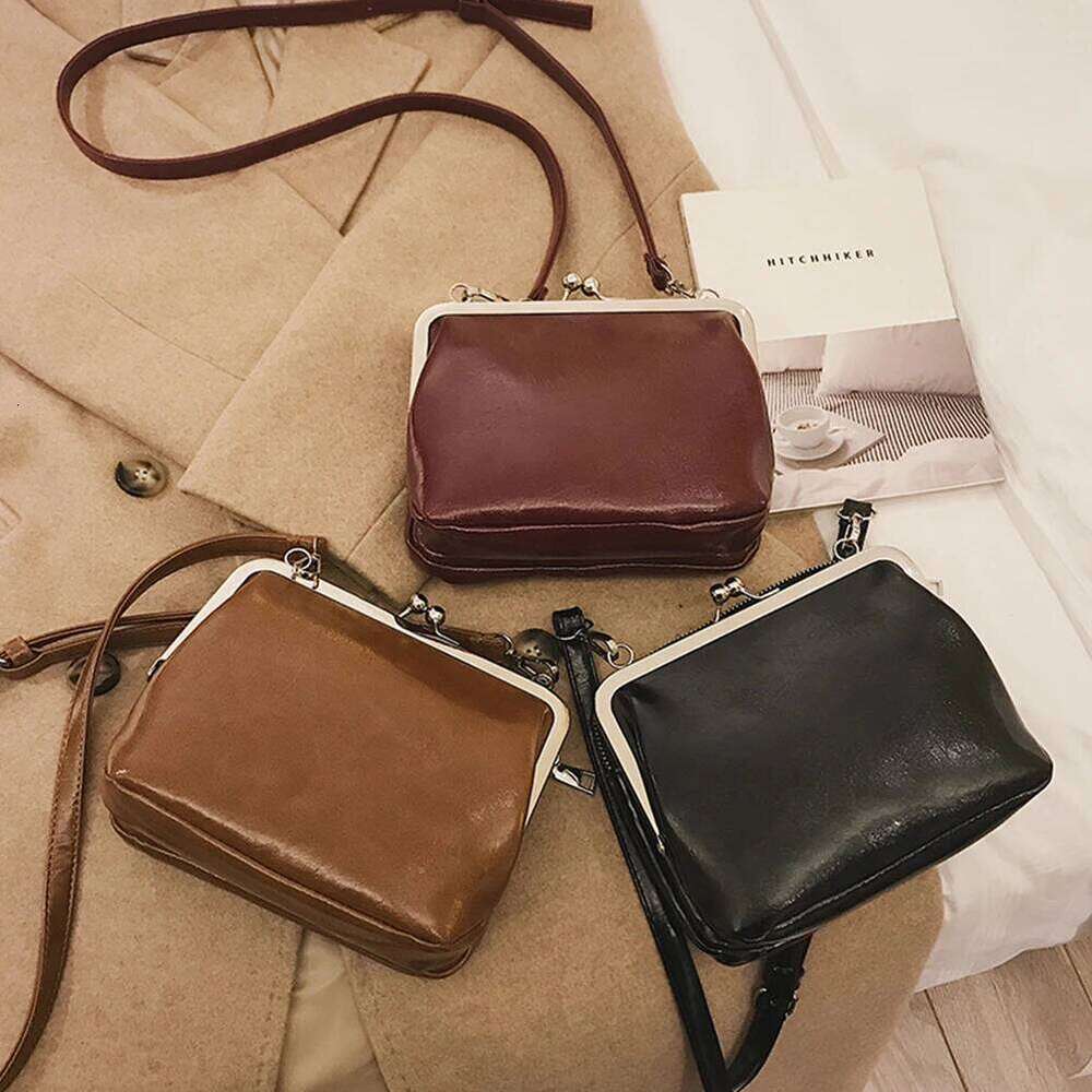 Women Solid Color Sling PU Leather Casual Crossbody Kiss Lock Retro Work Date Party Shoulder Bag